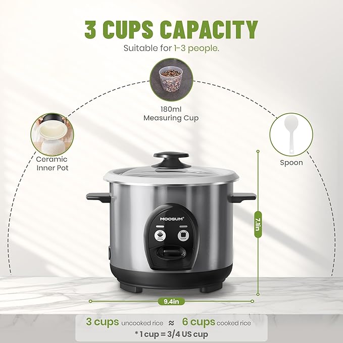 3-Cup Uncooked Rice Cooker Small - Ceramic Coating Non-Toxic Inner Pot One-Touch Multifunction for Rice/Sauté/Yogurt Dishwasher Safe 1-3 People Size Stainless Steel