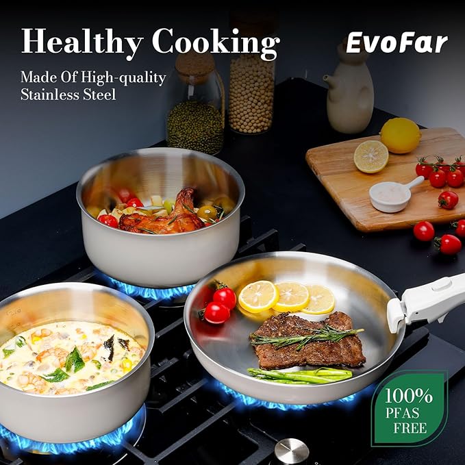 14 pcs Stainless Steel Cookware Set Detachable Pots and Pans Set with Removable Handle Non Toxic Space Saving RV Camping Cookware Set Induction Cookware Dishwasher &amp Oven Safe