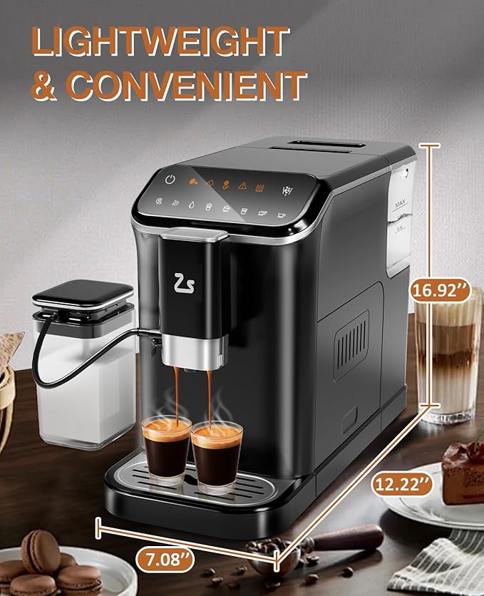 Fully Automatic Espresso Machine With Milk Frother Coffee Machine With Grinder15 Adjustable Grind Levels20 Bar Latte Machine 1.5L Water Tank TFT Touch Screen for Cappuccino Americano