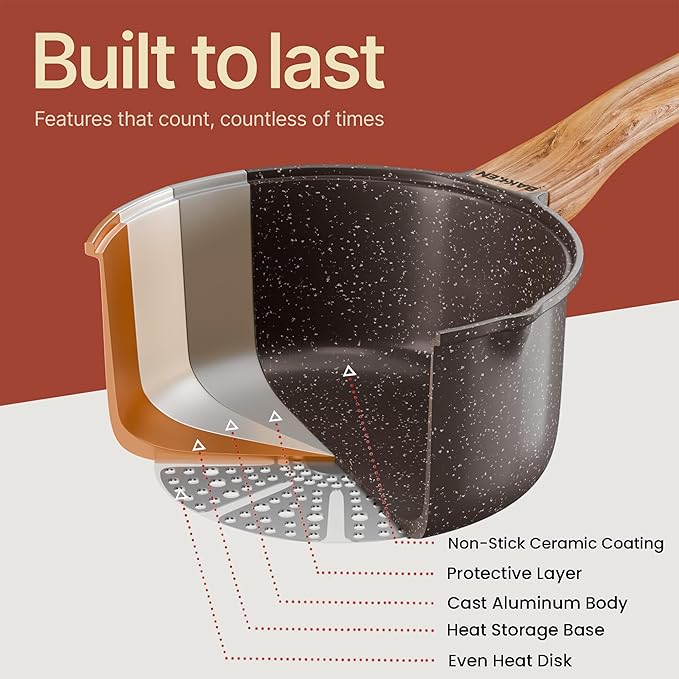 Bakken Master 20 Piece Cookware Set - Pots and Pans with Handle Grips and Tempered Glass Lids With 6-piece Bakeware Set Nonstick Granite Coating Ceramic Max Temperature (Up To 500°F) Brown Marble