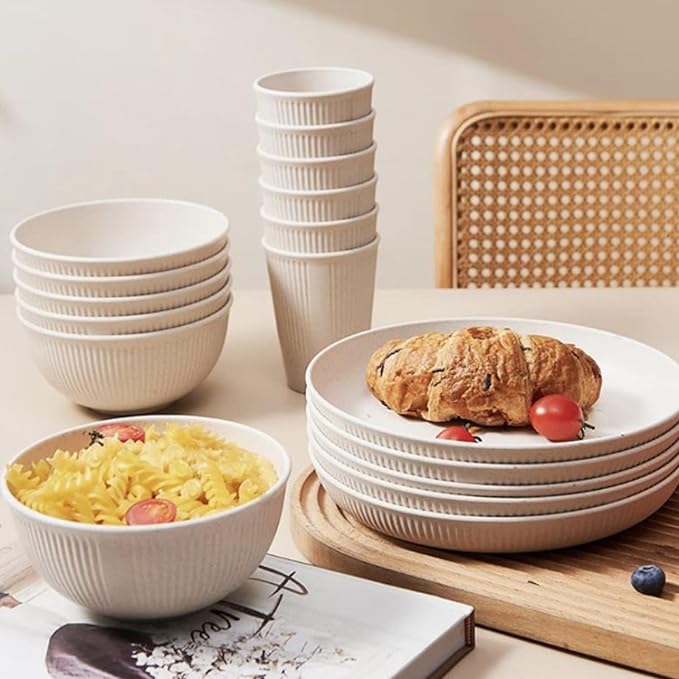 Unbreakable Dinnerware Sets for 4 Lightweight Shatterproof Plates Bowls Cups with Travel Camping Cutlery Set Dishwasher Microwave Safe for Home Picnic Party