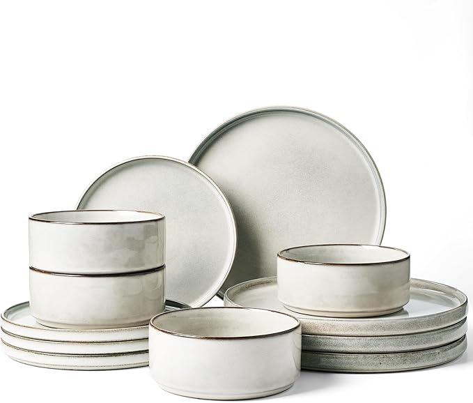 Famiware Annecy Plates and Bowls Sets 12 Pieces Dinnerware Sets Microwave and Dishwasher Safe Dishes Set for 4 Chip and Scratch Resistant Grey-White