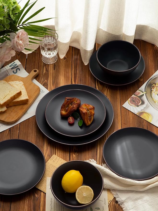 Famiware Venus Dinnerware Sets and Mercury Pasta Bowls Set of 4 16 Pieces Plates and Bowls Sets Microwave and Dishwasher Safe Black