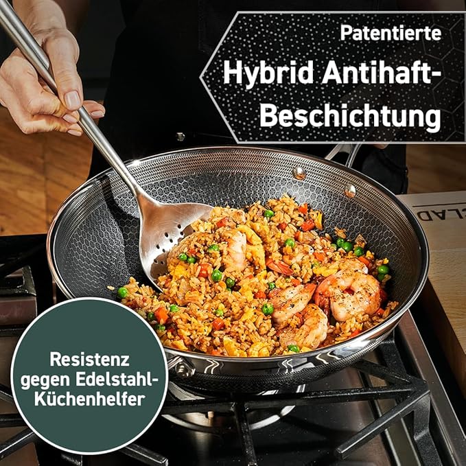 HexClad Hybrid Nonstick 15-Piece Cookware Set 12 Wok 8 10 and 12 Pans with Lids 2 3 and 8Qt Pots with Lids and 2 Silicone Trivets Stay-Cool Handles Dishwasher and Oven-Safe