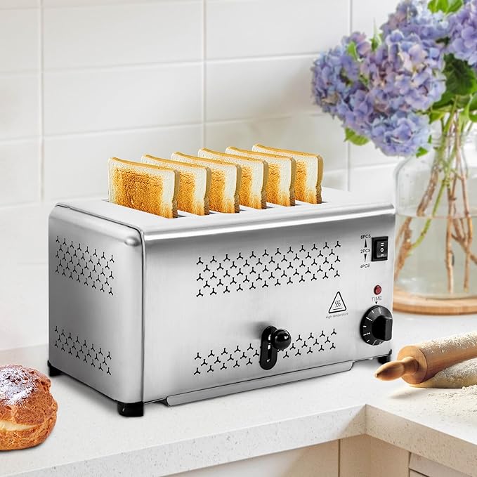 6-Slice Stainless Steel Bread Baking Machine 3-Loaf Horizontal Toaster Oven with Timer &amp Crumb Tray Countertop Bakery Maker for Home Kitchen Bagel Reheat Warm Keep-Cool Handle 110V