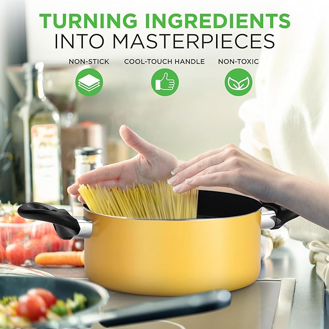 NutriChef 15-Piece Colorful Nonstick Kitchen Cookware Set | Heat Resistant Lacquer Kitchen Ware Pots and Pans Set w/Saucepot Frying Pans Pots Oven Pot Lids Utensil