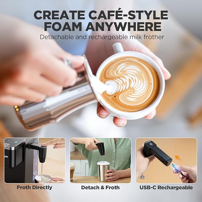 Single Serve Coffee Maker with Built-in Detachable Milk Frother Iced and Hot Coffee Machine for K Cup &amp Grounds 40oz Removable Water Reservoir 6 Cup Sizes Fits 7.3 Travel Mug Black