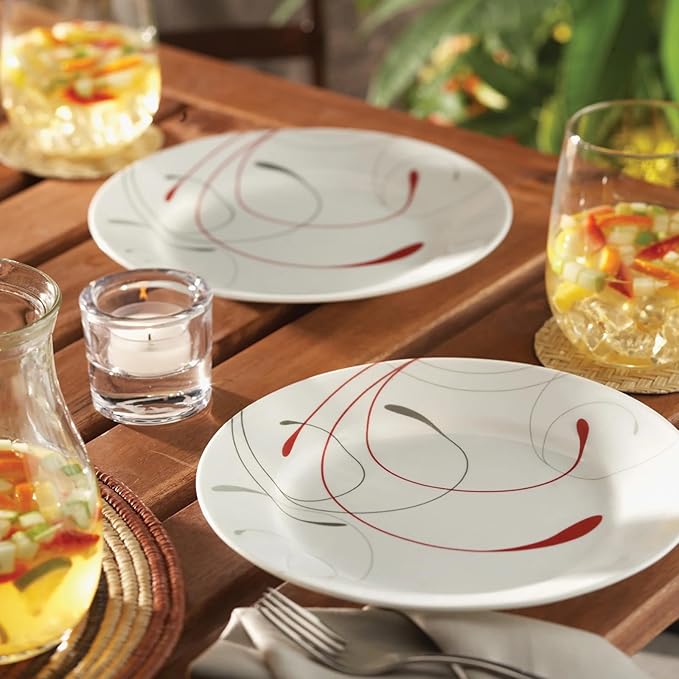 Triple-Layer Glass Dinnerware Sets 12-Piece: Dark Red Hairline Pattern 4-Person Plates and Bowls Set Durable &amp Stackable Dishwasher &amp Oven Safe
