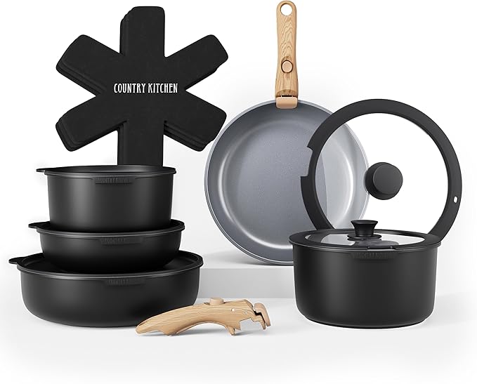 Country Kitchen Cookware Set with Removable Handle Oven &amp RV Safe Pots and Pans Set Black/Grey Wood Handle Original