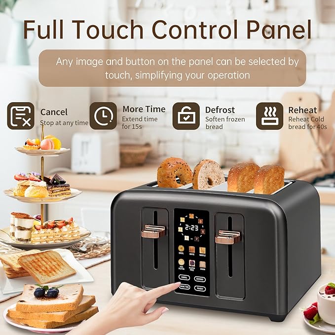 SEEDEEM Toaster 4 Slice Full Touch control Toaster LCD Display 6 Bread Type 7 Shade Settings 1.4''Wide SlotsMore Time Function Removable Crumb Tray 1800W Dark Metallic