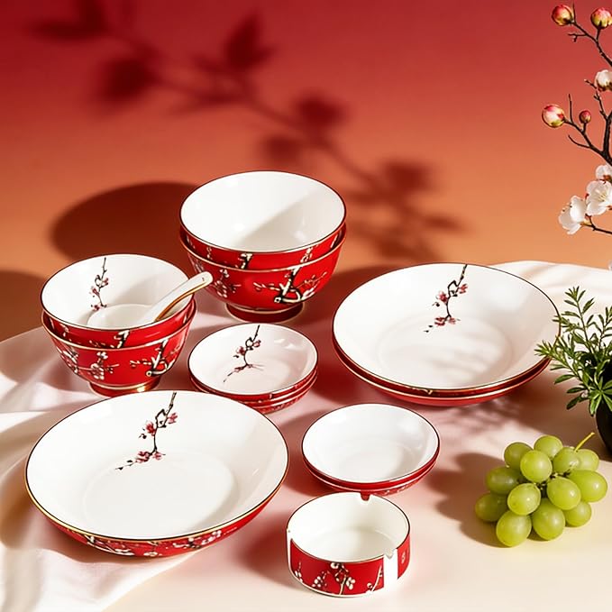 48 Piece Fine Bone China Dinnerware Set Luxury Dinner Set with Elegant Gold Rim (Royal Red)