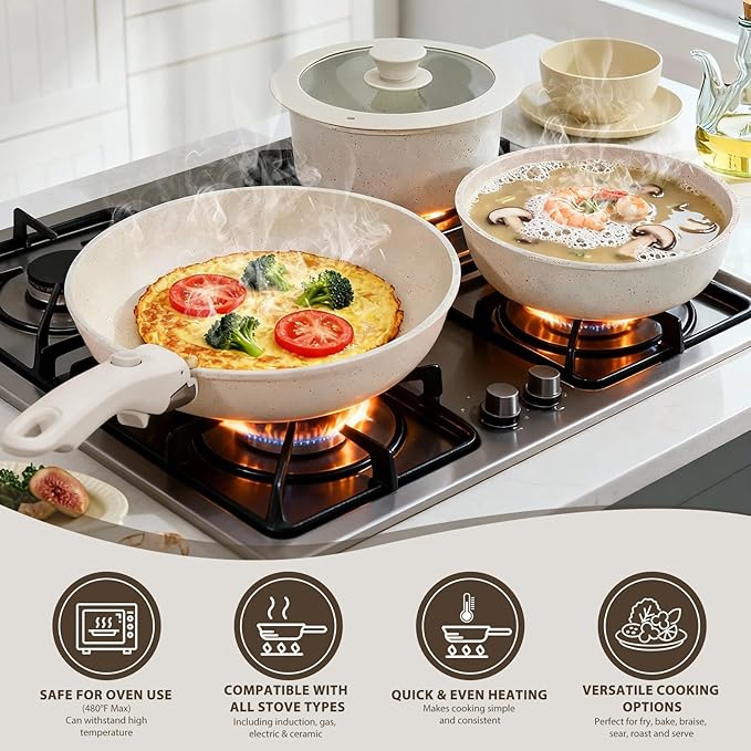 Nonstick Ceramic Cookware Set 20-Piece - Pots and Pans Set with Detachable Handle - RV Stackable Kitchen Cooking Set Induction/Dishwasher/Oven Safe with Frying Cream White