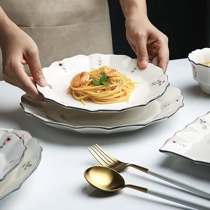 Ceramics Dinner Sets 38 Pieces Petal Shape Porcelain Dinnerware Set | Cereal Bowl and Steak Plate for Family Gathering and Wedding Gifts