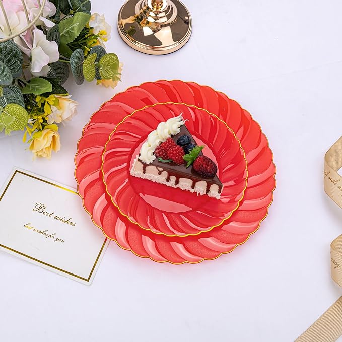 U-QE 100PCS Red Plastic Plates - Heavy Duty Red Plates Disposable for Party with Gold Rim - Include 50PCS 9inch Dinner Plates and 50PCS 6inch Dessert/Salad Plates for Party
