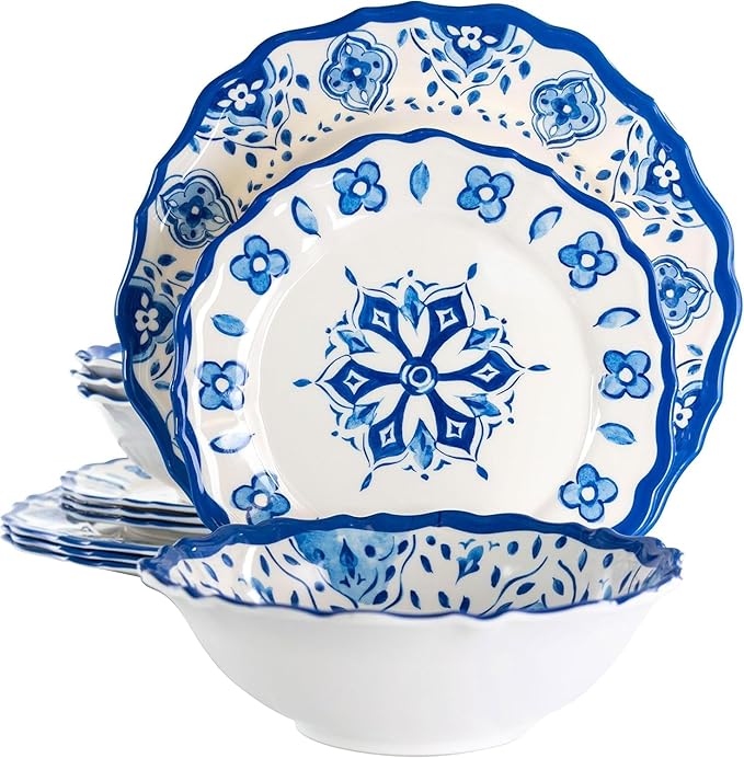 12 Piece Blue Floral Melamine Dinnerware Set – Lightweight Chip Resistant Plates and Bowls with Scalloped Design