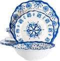 12 Piece Blue Floral Melamine Dinnerware Set – Lightweight Chip Resistant Plates and Bowls with Scalloped Design
