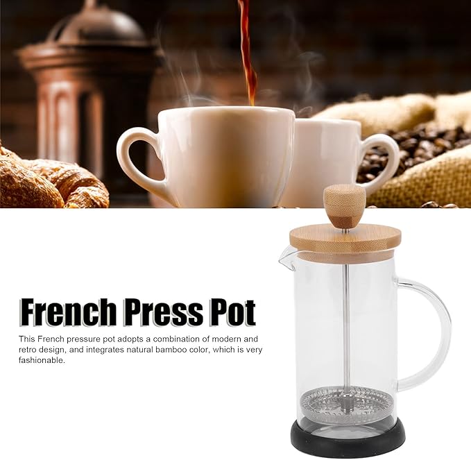 flexman French Press Coffee Maker High Heat Borosilicate Glass Stainless Steel French Press Coffee for Home Office Outdoor Camping Family Gatherings (350ml Bamboo Cover)