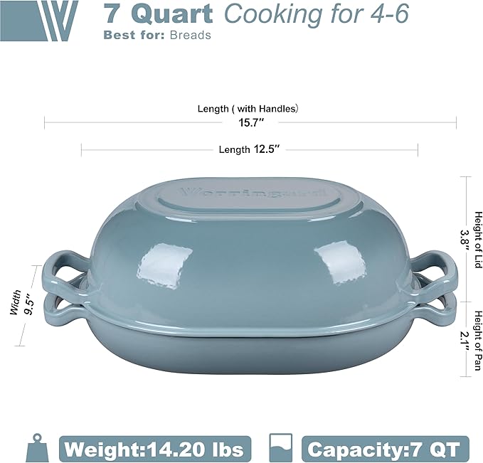 Enameled Cast Iron Sourdough Bread Oven Dutch Oven Loaf Cast Iron Bread Pan for Homemade Bread Baking Meatloaf Pan with Lid 7QT Sea Salt