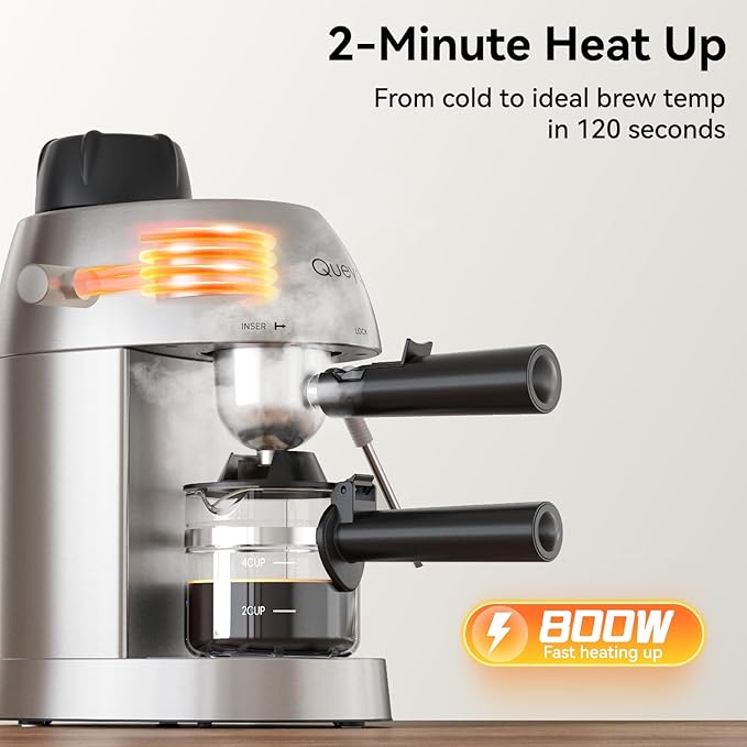 Queyd 3.5 Bar 4 Cup Espresso Cappuccino Machine Stainless Steel Espresso Machine Compact Expresso Machines for Home Latte and Cappuccino Machine with Milk Frother Dual Safety Switches 800W