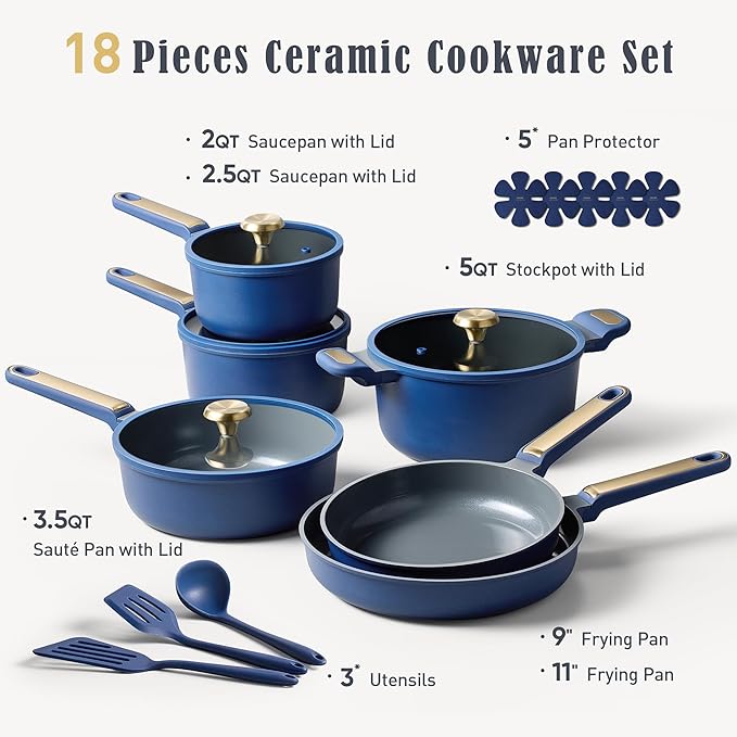 CAROTE Ceramic Cookwar Set Pots and Pan Set Non Stick 18 Piece Cookware Set Kitchen Cooking Set Non Toxic PFAS PTFE Free Blue