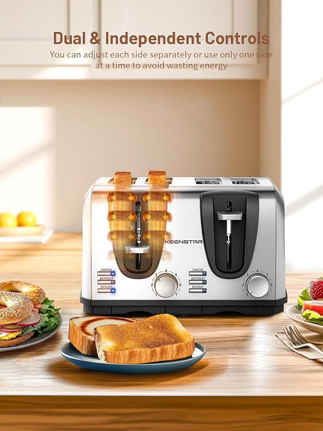 Keenstar Toaster 4 Slice Bread Toaster with Dual Control Panels Extra-Wide Slot of Bagel/Defrost/Cancel Function 7 Toasting Bread Shade Settings Removable Crumb Trays Auto Pop-Up Stainless Steel