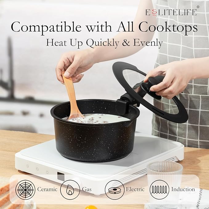 ESLITE LIFE Nonstick Cookware Sets with Detachable HandleCeramic Coating Pots and Pans Set Kitchen Cooking Set Compatible with All Stovetops PTFE &amp PFOA Free Black 10 Pcs Set
