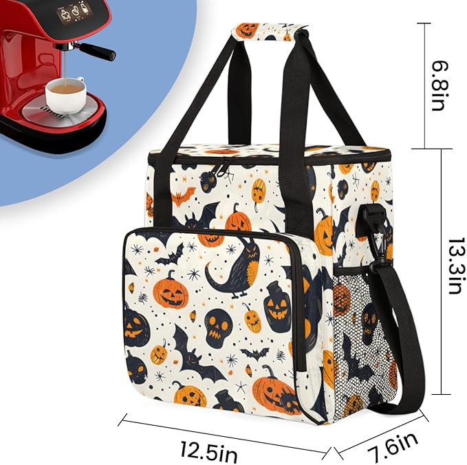 Cartoon Pumpkin Coffee Maker Carrying Bag Gothic Pumpkin Travel Storage Bag Compatible with K-Mini or K-Mini Plus Single Serve Coffee Brewer Carrying Case with Multiple Pockets &amp Shoulder Strap