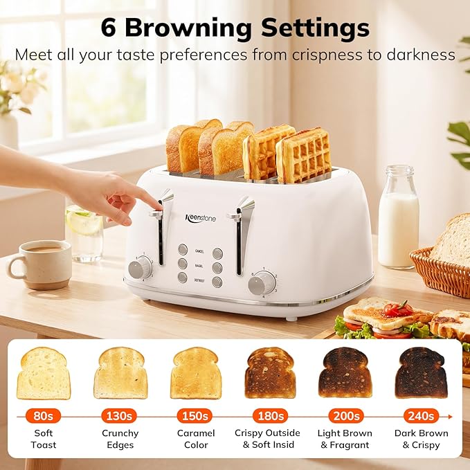 Keenstone Toaster 4 Slice Retro Stainless Steel Wide Slot Toaster with Dual Independent Controls 6 Browning Levels Bagel Defrost Reheat &amp Cancel Removable Crumb Tray White