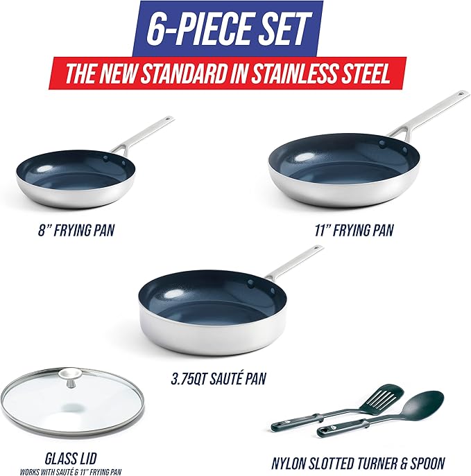 Blue Diamond Cookware Tri-Ply Stainless Steel Ceramic Nonstick 6 Piece Cookware Pots and Pans Set PFAS-Free Multi Clad Induction Dishwasher Safe Oven Safe Silver