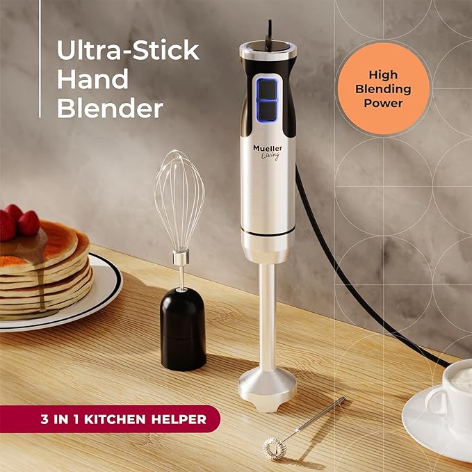 MuellerLiving Ultra-Stick Immersion Hand Blender 500W Heavy Duty Motor 8-Speed Turbo Setting Includes Blending Shaft Whisk Milk Frother &amp Measuring Beaker