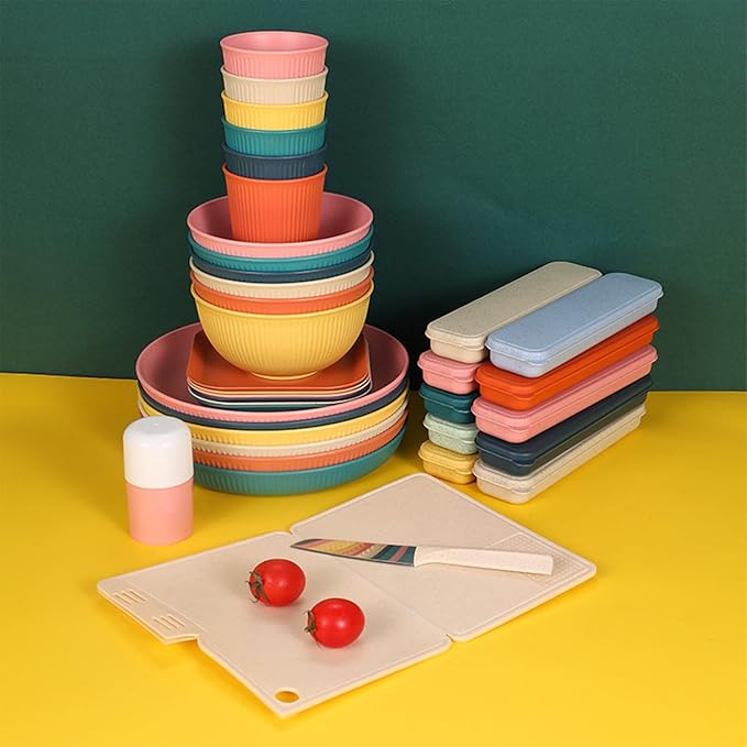 48 Pieces Wheat Straw Dinnerware Sets for 6Reusable Plates Bowls Outdoor Camping Dishes Kitchen Plates Cups and Bowls SetMicrowave&ampDishwasher Safe TablewareLightweight &amp Unbreakable