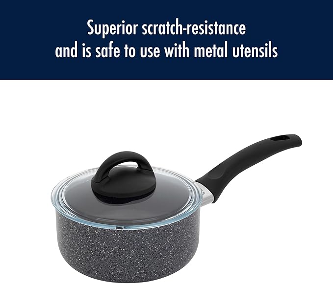Henckels Everlift Granite 10-Piece Nonstick cookware set Made in Italy durable 3-layer granite-hued nonstick coating from recycled materials Oven safe to 400°F Dishwasher safe