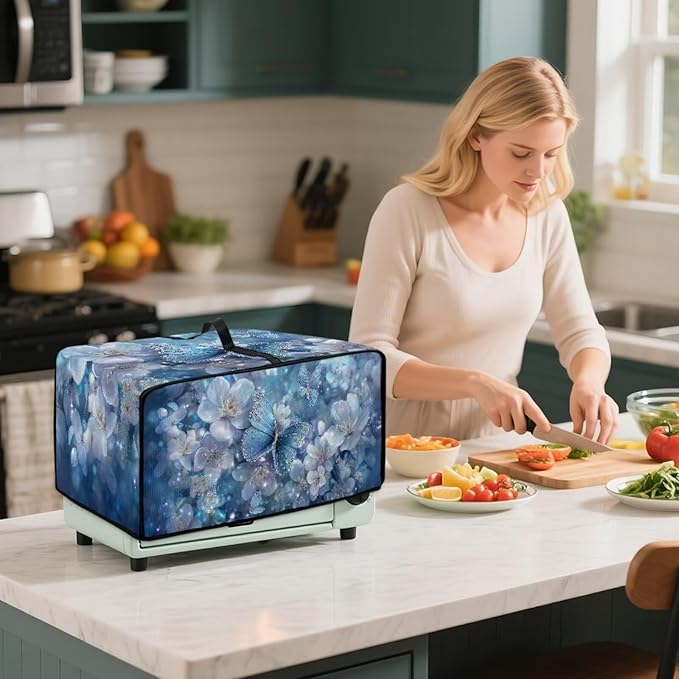Toaster Oven Air Fryer Cover Butterfly Flower Printed Bread Maker Covers with Accessory Pockets Kitchen Small Appliance Protector Washable Machine L