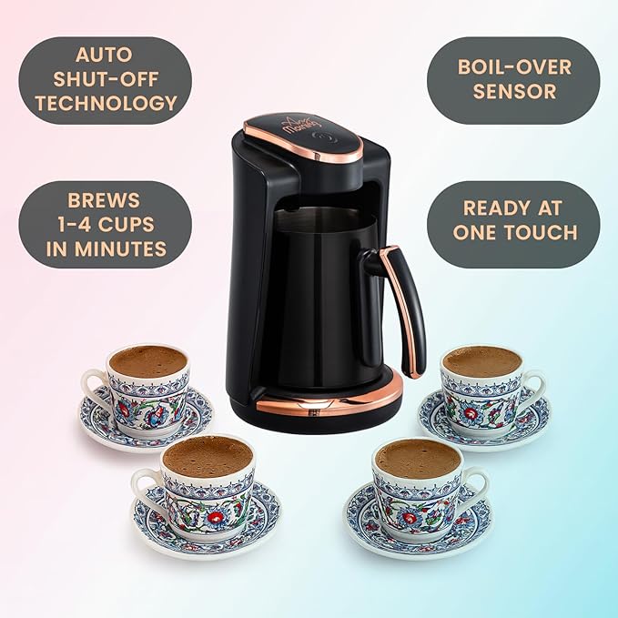 Any Morning Turkish &amp Greek Coffee Maker-Machine 1 to 4 Cups Capacity 100% BPA Free 400W Electric Coffee Pot with Cook Sense Technology Anti-Spill Design Authentic Foamy Brew Black
