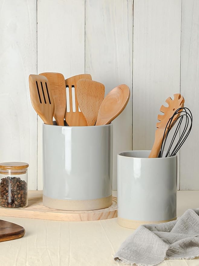 Famiware Milkyway Plates and Bowls Set of 12 and Kitchen Utensil Holder for Countertop Set of 2 14 Pieces Dinnerware Sets Light Gray