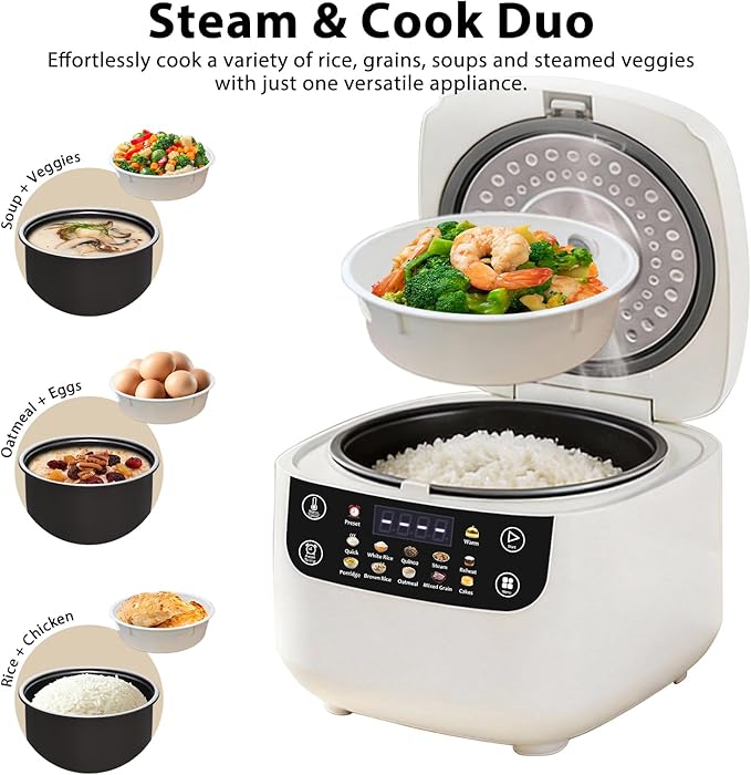 Portable Digital Rice Cooker 6-Cup (Uncooked)/12-Cup (Cooked) Small Rice Maker with Steaming Basket Mini Rice Cooker with 2L Removable Nonstick Inner Pot 10 Menu Options Auto Keep Warm 24 Hour De