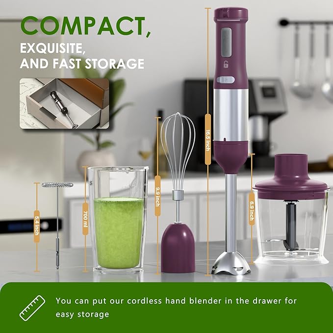 Cordless Immersion Hand Blender 5-in-1 Variable Speed blender handheldRechargeable with 2000mAh Battery BPA-Free &amp Dishwasher-Safe Accessories:700ml BeakerChopperWhisk &amp Milk FrotherPlum