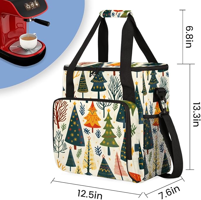 Retro Tree Xmas Coffee Maker Carrying Bag Portable Travel Storage Tote Bag Compatible with K-Mini or K-Mini Plus Single Serve Coffee Brewer Carrying Case with Multiple Pockets &amp Shoulder Strap