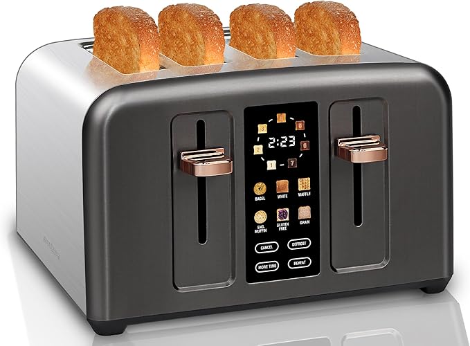 SEEDEEM Toaster 4 Slice Stainless Toaster &amp Touch Control LCD Display 6 Bread Type 7 Shade Settings 1.5'' Wide Slots Cancel/Defrost/Reheat Removable Crumb Tray 1800W Dark Metallic