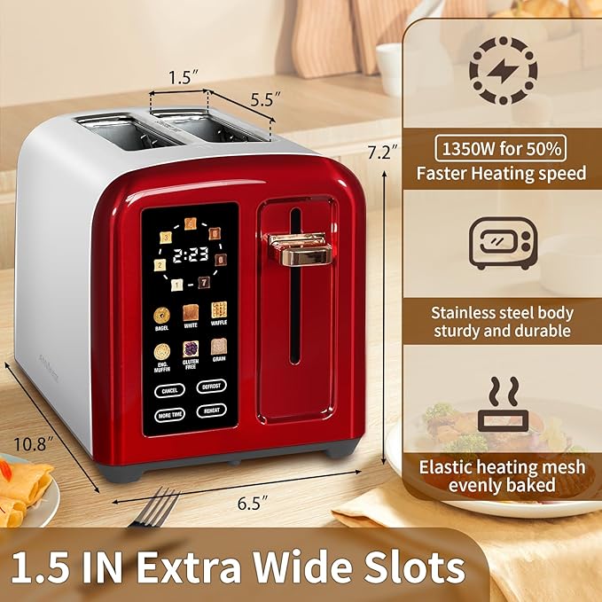 SEEDEEM Toaster 2 Slice Full Touch Control Stainless Toaster LCD Display 50% Faster Heating Speed 6 Bread Type 7 Shade Setting 1.5''Wide Slots Removable Crumb Tray 1350W Dark Cherry