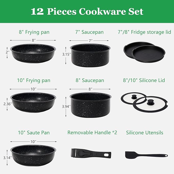 12Pcs Pots and Pans Set Nonstick Cookware Sets Kitchen Cooking Set with Spatula and Detachable Handle Black