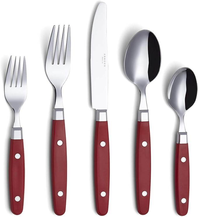ANNOVA Silverware Set Retro/Rivet Colorful Stainless Steel Tableware Kitchen Flatware Set Utensils Includes Dinner Knives Forks Spoons Salad Forks &amp Dessert Spoons (Red 20 Pieces)