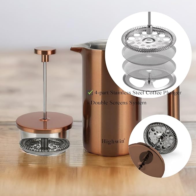 8-Cup Double Wall Insulated Stainless Steel French Coffee Press 32-Ounce Durable Coffee Tea Maker with Stainless Steel Plunger Copper