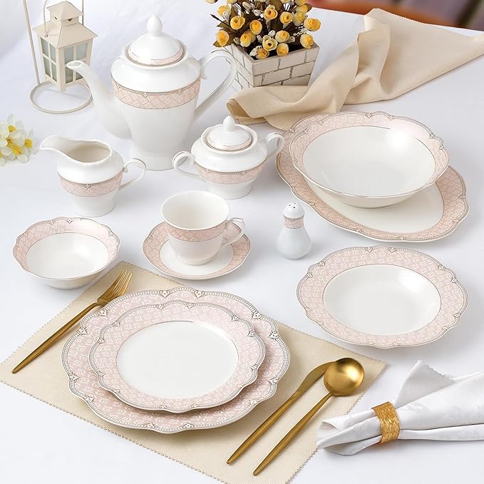 Bone China Dinnerware Set Alexandra 8-person 57-piece Blush Pink and Gold Color