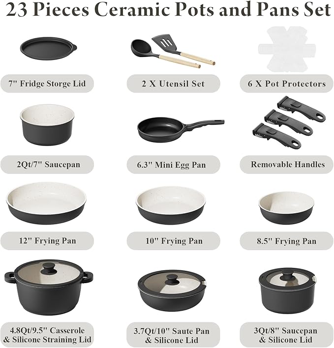 23Pcs Pots and Pans Set Non StickTitanium-Reinforced Ceramic Cookware Set with 3 Removable HandlesScratch-Resistant &amp PFAS-FreeInductionOvenDishwasher SafeStackable Space-Saving for RV &amp