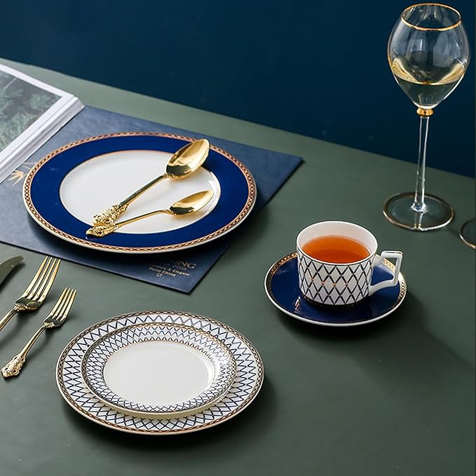European Style Dinnerware Set Service for 4 Bone China Dinnerware Sets Unbreakable Porcelain Dinner Sets Coffee Cup and Saucer Tableware Set Steak Dinner Plates Dish Set New Blue-002
