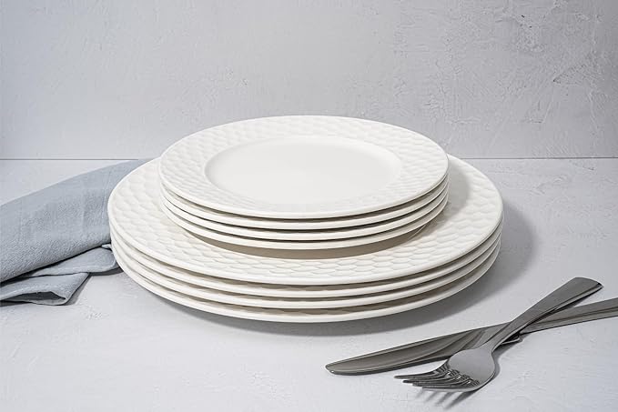 New Bone China 12 Piece Dinnerware Set Santorini Collection (Honeycomb) White Daily Use China Embossed Tableware Service for 4
