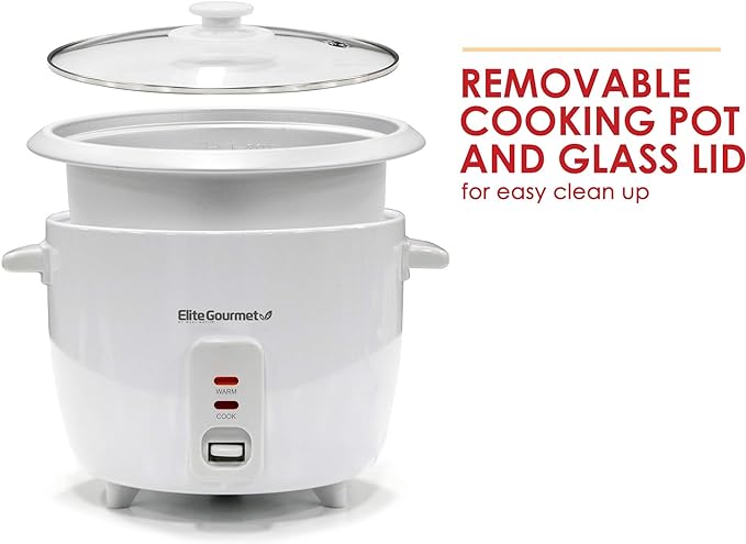 Elite Gourmet Elite Cuisine ERC006 Electric Rice Cooker with Automatic Keep Warm Makes Soups Stews Grains Hot Cereals White 6 Cups Cooked (3 Cups Uncooked)