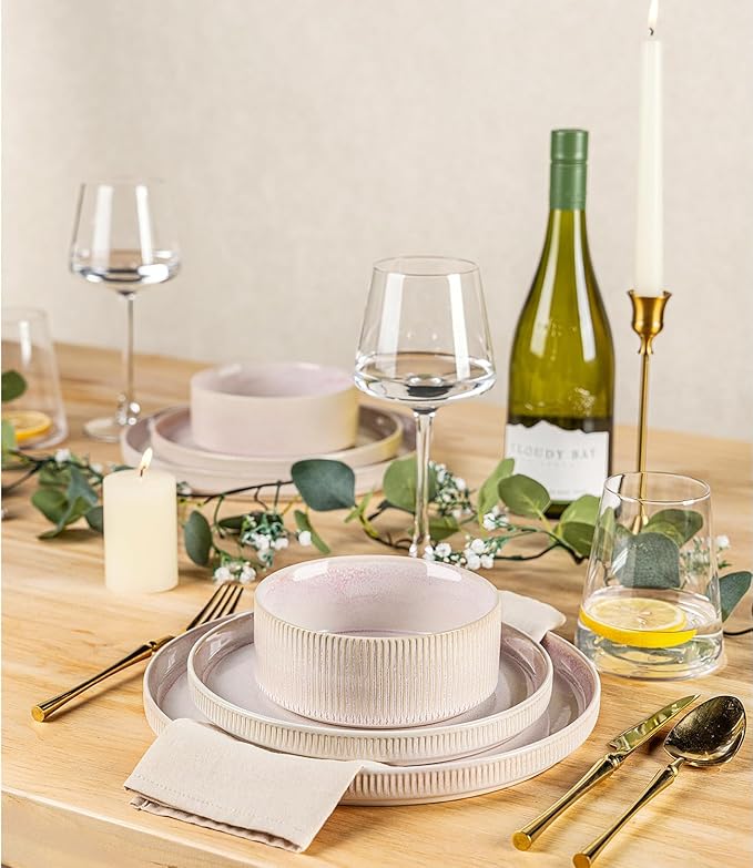 TheTerra Ceramic Dinnerware Sets for 4 12 Pieces Porcelain Lightweight Plates and Bowls Sets Scratch Resistant Dish Set Oven &amp Microwave &amp Dishwasher Safe Primrose Pink