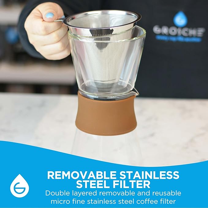 GROSCHE Amsterdam Glass Pour Over Coffee Maker - Single Cup Manual Dripper Brewer w/Removable Glass Top &amp Permanent Stainless Steel Filter - 27.6 fl oz - Ideal for Home Camping &amp On-the-Go B